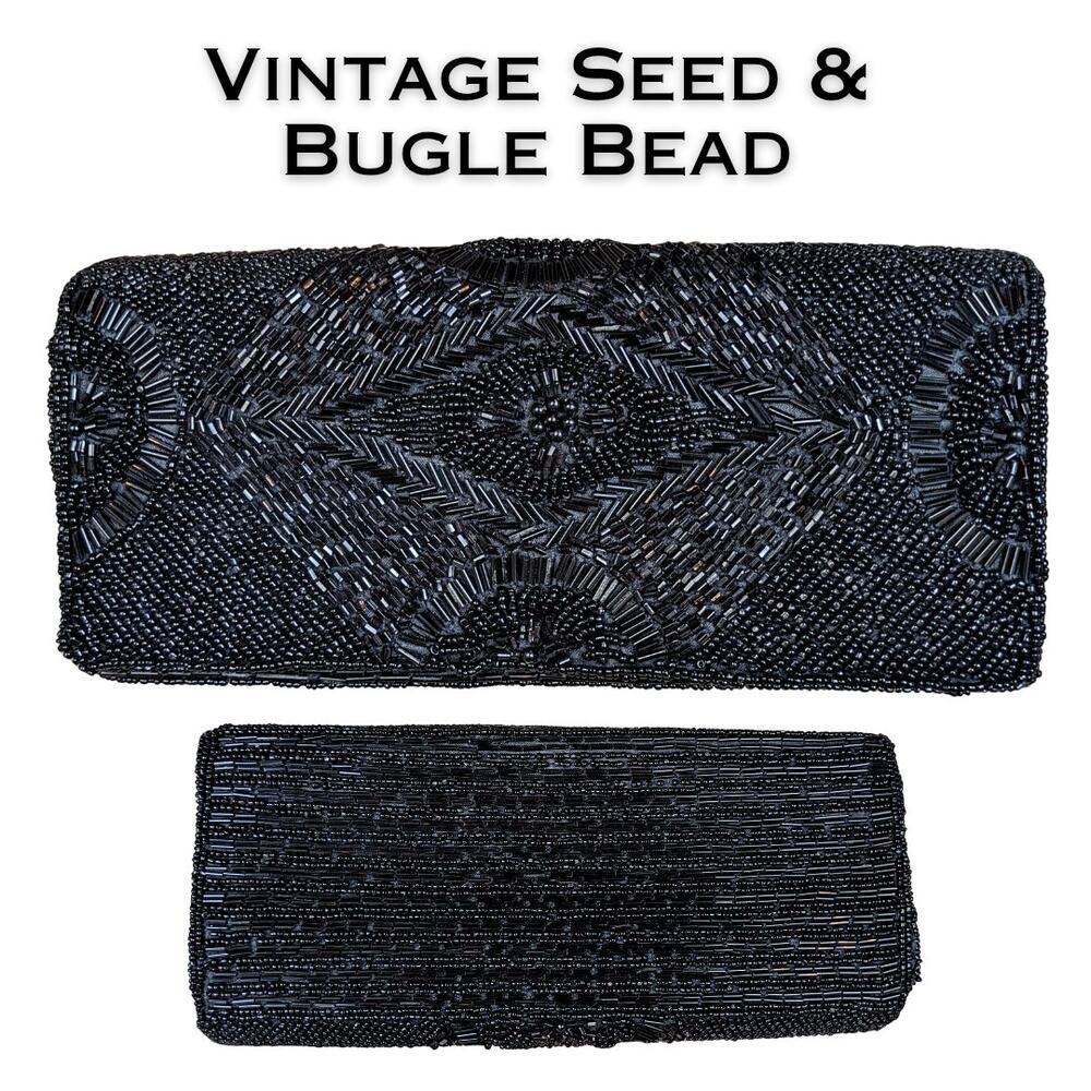 Vintage Beaded Clutch Bag Black Seed Bugle Bead Evening Purse Formal Wedding